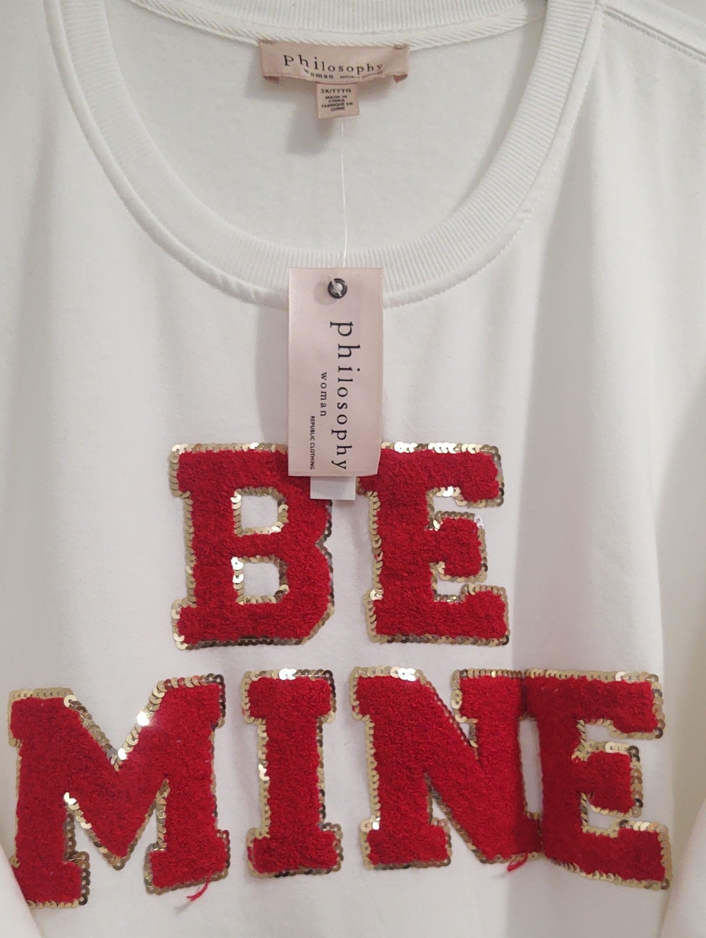 Philosophy White Sweatshirt with Red "BE MINE" Appliqué Sz 3X